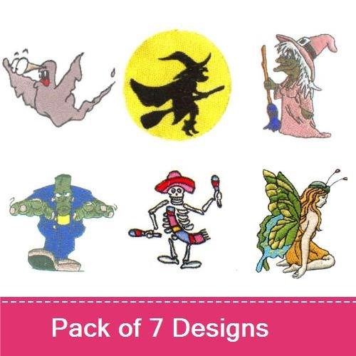 Whimsical Halloween Characters Embroidery Designs Bundle – Fairy with Butterfly Wings, Ghost Character, Witch Silhouette, & More (7 Designs)