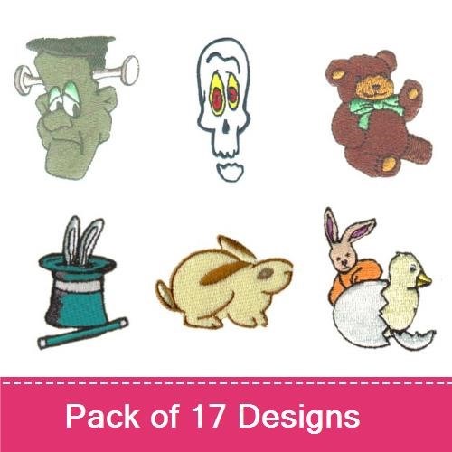 Animal & Character Embroidery Designs Bundle – Deer, Frankenstein Character, Skull & More (17 Designs)