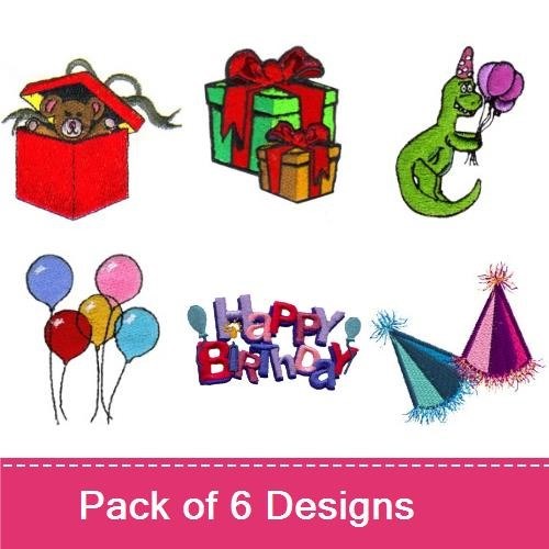 Birthday Celebration Embroidery Designs Bundle – Happy Birthday Text, Birthday Gift with Cat, Balloon Bouquet & More (6 Designs)