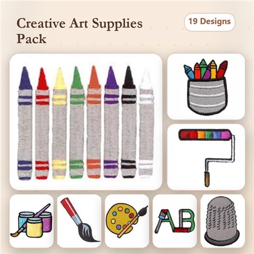 Art Supplies Embroidery Designs Bundle – Crayons, Paint Brush, Palette, Colored Pencils & More (19 Designs)