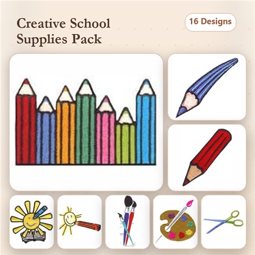 School Supplies Embroidery Designs Bundle – Colored Pencils, Paint Palette, Scissors & More (16 Designs)