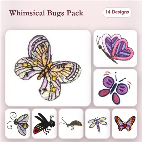 Whimsical Bugs Embroidery Designs Bundle – Butterfly, Ladybug, Dragonfly & More (14 Designs)