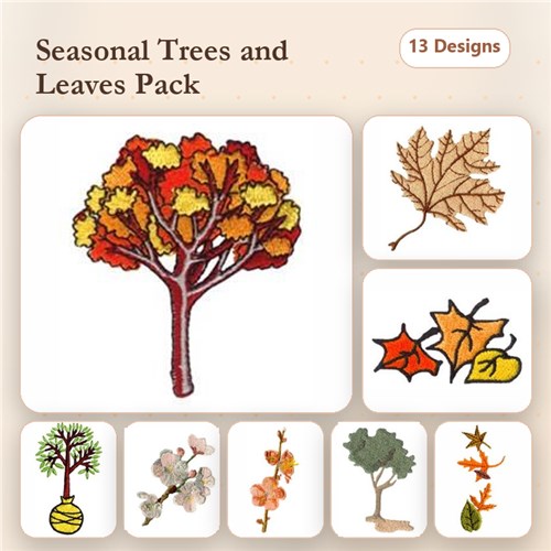 Autumn Trees & Leaves Embroidery Designs Bundle – Colorful Autumn Tree, Maple Leaf, Spruce Tree & More (13 Designs)