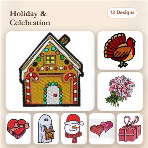 Holiday Embroidery Designs Bundle – Gingerbread House, Thanksgiving Turkey, Spring Flowers & More (12 Designs)