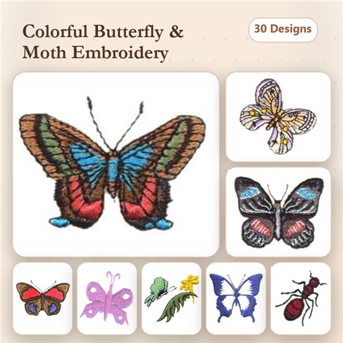 Butterflies & Moths Embroidery Designs Bundle – Colorful Butterfly, Blue Butterfly, Moth with Pattern & More (30 Designs)