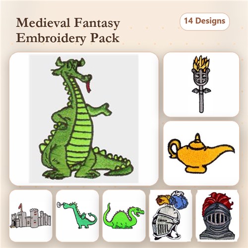 Medieval Fantasy Embroidery Designs Bundle – Dragon, Knight Helmet, Castle & More (14 Designs)