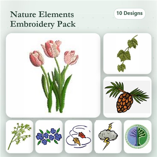 Nature Elements Embroidery Designs Bundle – Tulip Bouquet, Ivy Vine, Pine Cone & More (10 Designs)