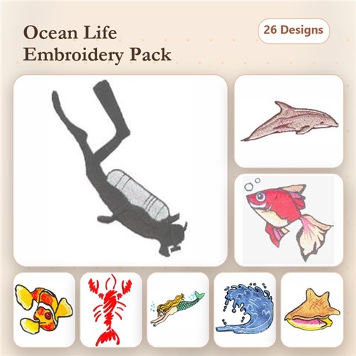 Ocean Life Embroidery Designs Bundle – Scuba Diver, Dolphin, Goldfish, Clownfish & More (26 Designs)