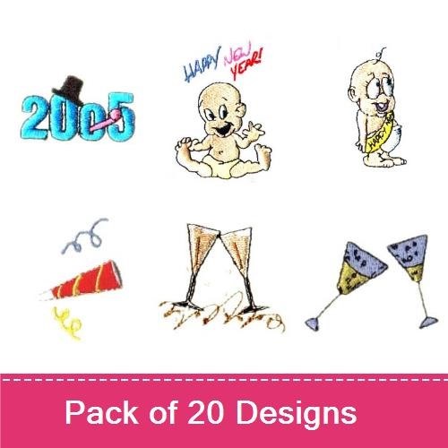 New Year Celebration Embroidery Bundle – 2025 Numbers with Hat, Baby New Year, Champagne Glasses & More (20 Designs)