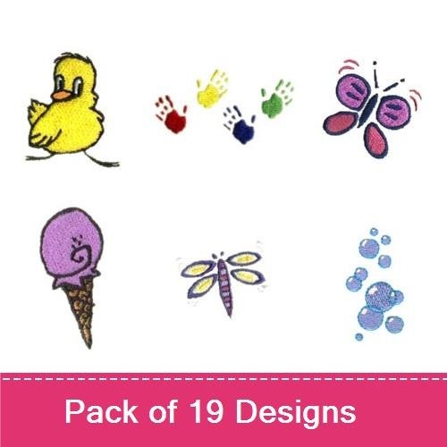 Cute Kids-Themed Embroidery Designs Bundle – Yellow Duck, Butterfly, Ice Cream Cone & More (19 Designs)