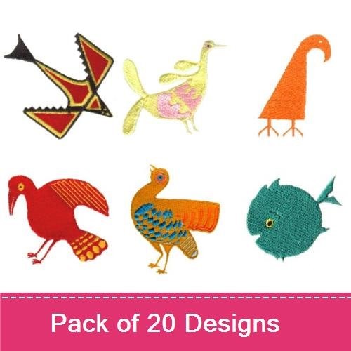 Folk Art Birds & Critters Embroidery Bundle – Folk Art Bird with Red and Yellow, Kangaroo, Rooster & More (20 Designs)