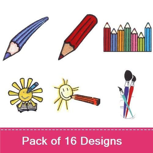 School Supplies Embroidery Designs Bundle – Colored Pencils, Paint Palette, Scissors & More (16 Designs)