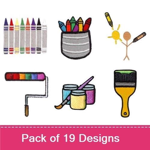 Art Supplies Embroidery Designs Bundle – Crayons, Paint Brush, Palette, Colored Pencils & More (19 Designs)