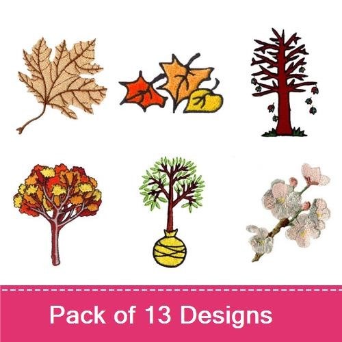 Autumn Trees & Leaves Embroidery Designs Bundle – Colorful Autumn Tree, Maple Leaf, Spruce Tree & More (13 Designs)