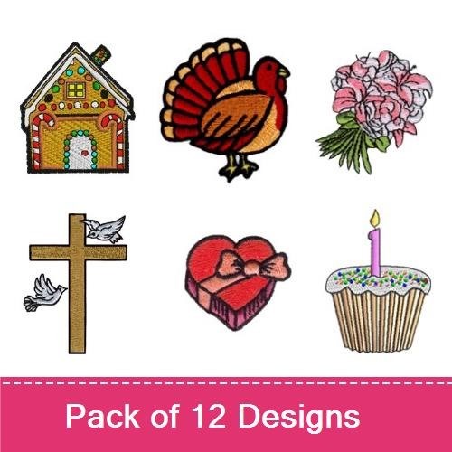 Holiday Embroidery Designs Bundle – Gingerbread House, Thanksgiving Turkey, Spring Flowers & More (12 Designs)