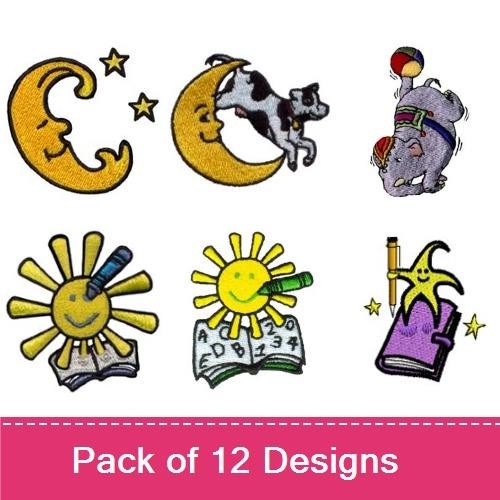 Whimsical Kids Characters Embroidery Designs Bundle – Moon with Stars, Cow Character, Elephant with Ball & More (12 Designs)