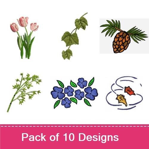 Nature Elements Embroidery Designs Bundle – Tulip Bouquet, Ivy Vine, Pine Cone & More (10 Designs)