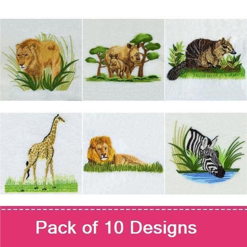 Wildlife Safari Embroidery Designs Bundle – Lion in Grass, Standing Gazelle, Wolf by Water & More (10 Designs)