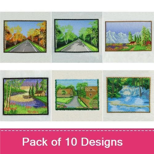 Scenic Nature Embroidery Designs Bundle – Waterfall Scene, Autumn Road, Lighthouse View & More (10 Designs)