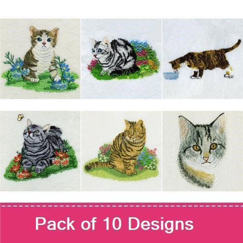 Charming Cats Embroidery Designs Bundle – Cat with Butterfly, Kitten in Flowers, Tabby Cat in Grass & More (10 Designs)