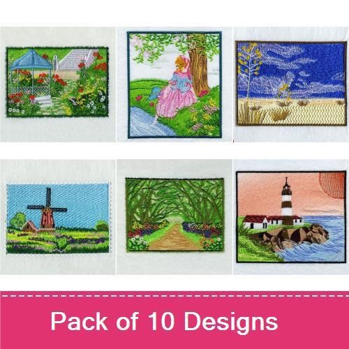 Scenic Nature Embroidery Designs Bundle – Wooded Pathway, Lighthouse by the Sea, Fishing Sailboat & More (10 Designs)