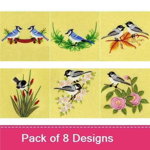 Birds & Flowers Embroidery Designs Bundle – Blue Jay Pair, Chickadee on Branch, Spring Flowers & More (8 Designs)