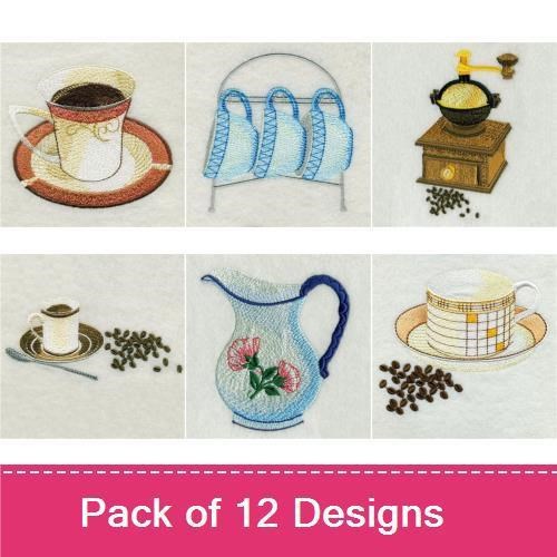 Coffee & Tea Embroidery Designs Bundle – Coffee Cup, Tea Pot, Sugar Bowl, & More (12 Designs)