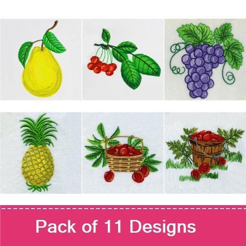 Fresh Fruit Embroidery Designs Bundle – Pineapple, Grapes, Pear with Leaves & More (11 Designs)