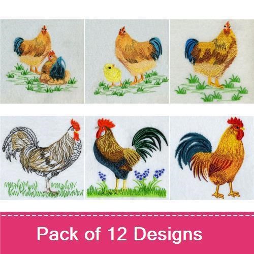 Farmyard Roosters & Hens Embroidery Designs Bundle – Rooster with Flowers, Chicken in Nest, Hen with Chicks & More (12 Designs)