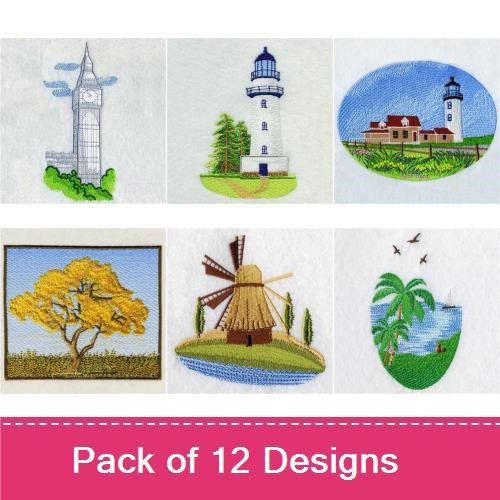 Scenic Landmarks Embroidery Designs Bundle – Lighthouse, Cottage, Coastal Scene & More (12 Designs)