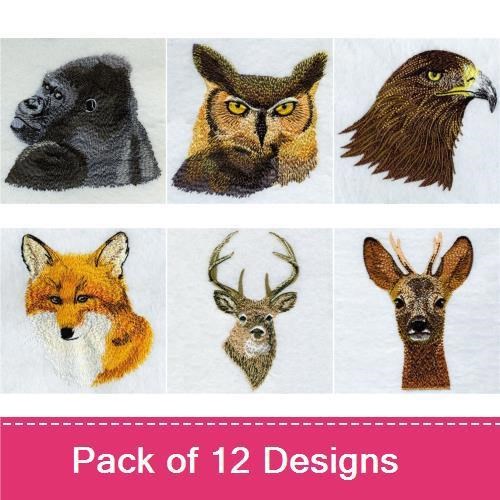 Wildlife Animal Faces Embroidery Bundle – Giraffe, Gorilla, Owl & More (12 Designs)