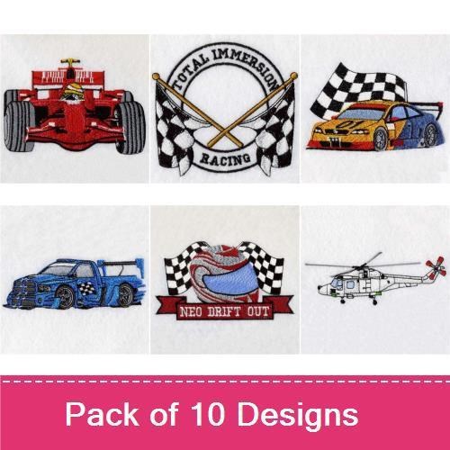 Racing & Vehicles Embroidery Designs Bundle – Race Car, Sports Car, Motorcycle & More (10 Designs)