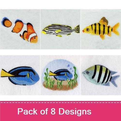 Colorful Tropical Fish Embroidery Designs Bundle – Blue Tang, Goldfish, Clownfish & More (8 Designs)