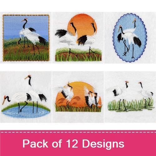 Elegant Cranes Embroidery Designs Bundle – Cranes with Orange Sunset, Cranes in Grass, Crane with Colorful Feathers & More (12 Designs)