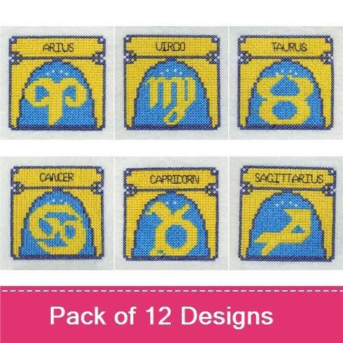 Cross Stitch Zodiac Signs Embroidery Designs Bundle – Aries, Taurus, Gemini & More (12 Designs)