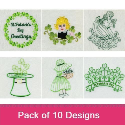 Shamrock & Leprechaun Embroidery Designs Bundle – St. Patrick's Day Greetings, Pot of Gold, & More (10 Designs)