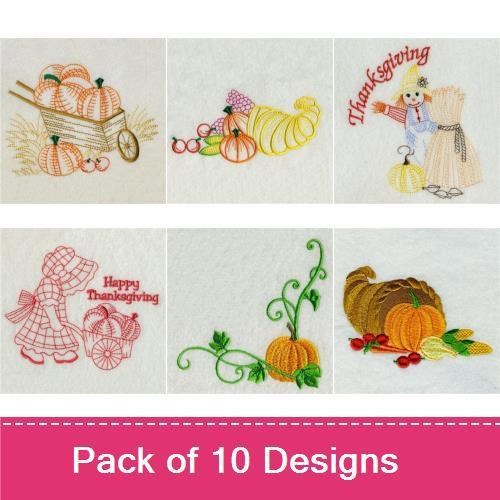 Redwork Thanksgiving Vintage Embroidery Designs Bundle – Happy Thanksgiving with Girl and Baskets, Turkey with Pilgrim Hat, & More (10 Designs)