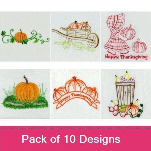 Autumn Harvest Embroidery Designs Bundle – Pumpkin Basket, Pumpkin Cart, Three Pumpkins & More (10 Designs)