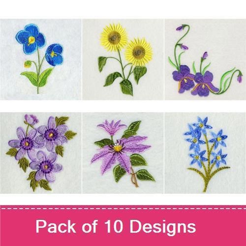 Floral Embroidery Designs Bundle – Purple Flower Bouquet, Blue Flower, Sunflower & More (10 Designs)