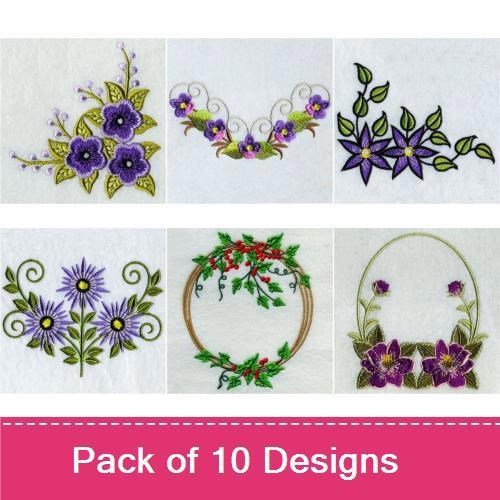 Elegant Floral Embroidery Designs Bundle – Violet Floral Arrangement, Floral Border with Leaves, Purple Flower Cluster & More (10 Designs)