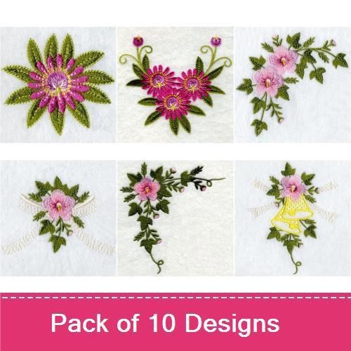 Elegant Floral Embroidery Designs Bundle – Floral Bouquet, Single Pink Flower, Purple Floral Spray & More (10 Designs)
