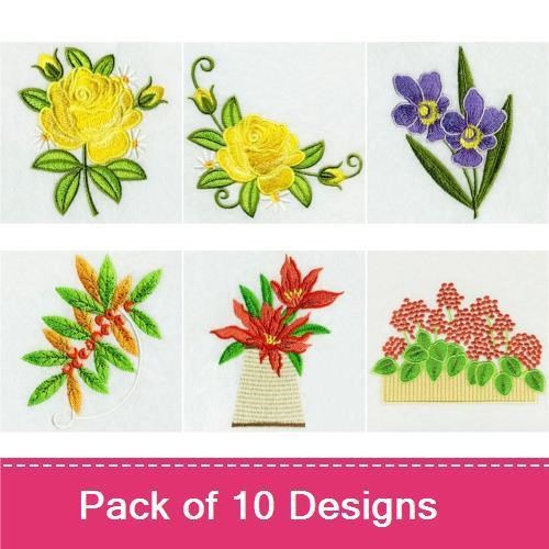Colorful Floral Embroidery Designs Bundle – Yellow Rose, Pink Rose, Violet Bouquet & More (10 Designs)