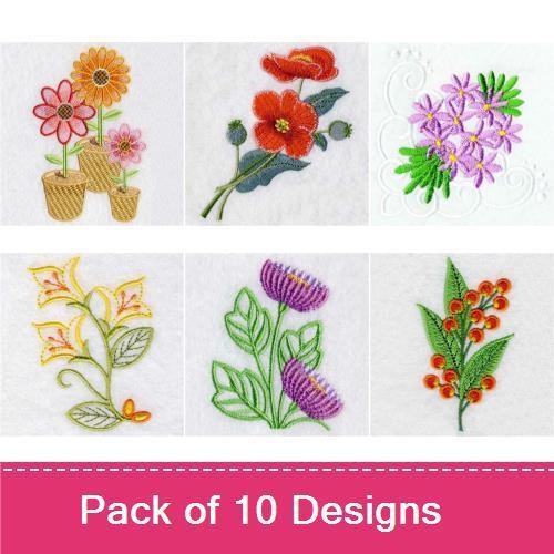 Floral Pot Embroidery Designs Bundle – Flower Pot with Sunflowers, Pink Daisies, Butterfly & More (10 Designs)