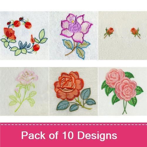 Floral Embroidery Designs Bundle – Elegant Roses, Floral Wreath, Blue Floral Design & More (10 Designs)