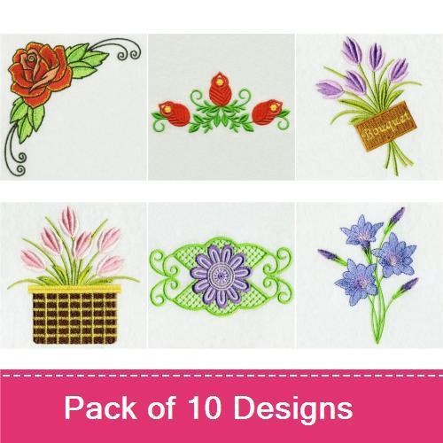 Floral Designs Embroidery Designs Bundle – Rose Corner, Pink Rose, Red Flower Arrangement & More (10 Designs)