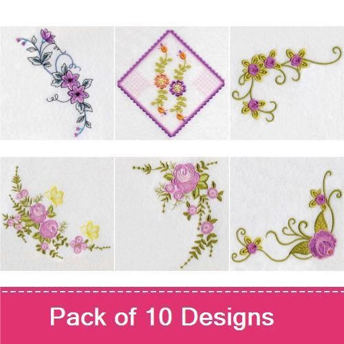 Floral Embroidery Designs Bundle – Floral Arrangement with Roses, Vine with Flowers, Ornate Floral Accent & More (10 Designs)
