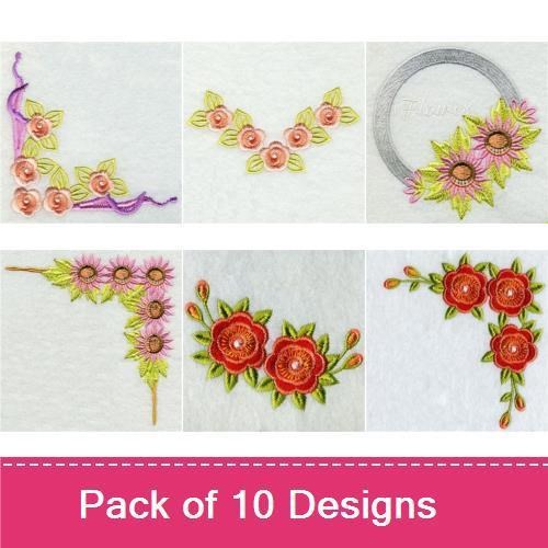 Floral Corners & Garlands Embroidery Designs Bundle – Sunflower Corner, Rose Garland, Purple Floral Corner & More (10 Designs)