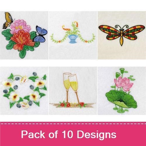 Floral & Butterfly Embroidery Designs Bundle – Peony with Butterflies, Red Flower Bouquet, & More (10 Designs)