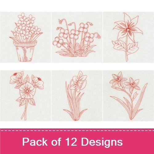 Redwork Delicate Floral Embroidery Designs Bundle – Floral Bouquet, Flower Pot, Wildflower Bunch & More (12 Designs)