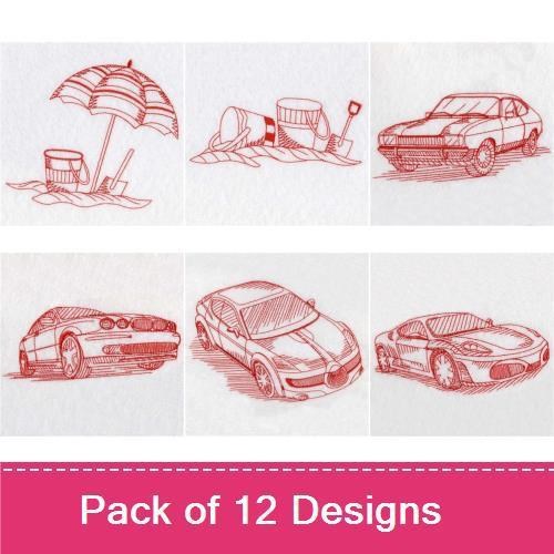 Redwork Summer Beach Embroidery Designs Bundle – Beach Tent, Classic Car, Umbrella & More (12 Designs)